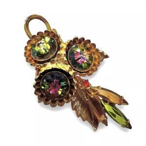 Vintage Watermelon Heliotrope Rhinestone Gold Tone Leaf Flower Enamel Brooch